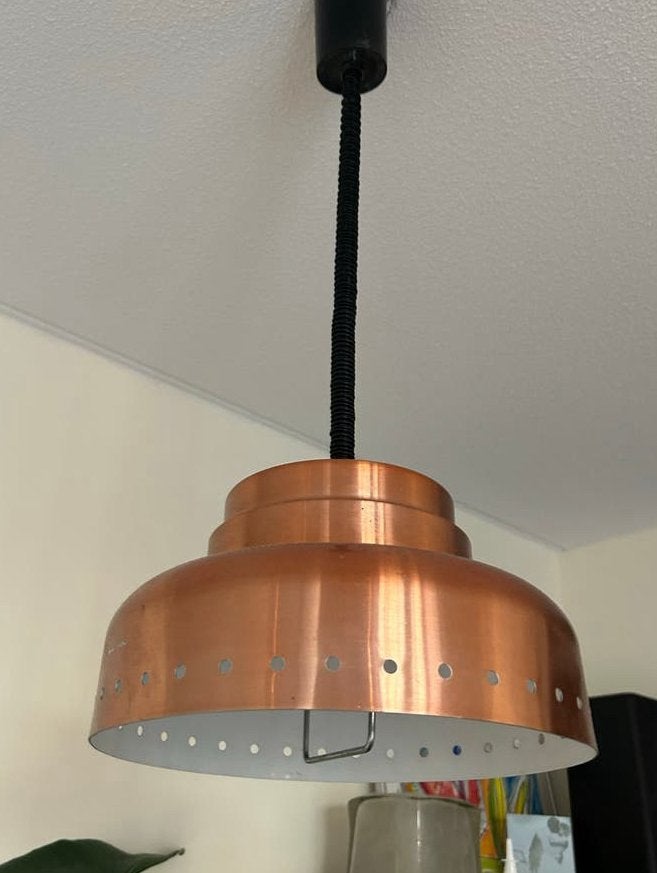 Koperen vintage hanglamp met trekfunctie, Ophalen, Gebruikt, Metaal, E27 (groot)