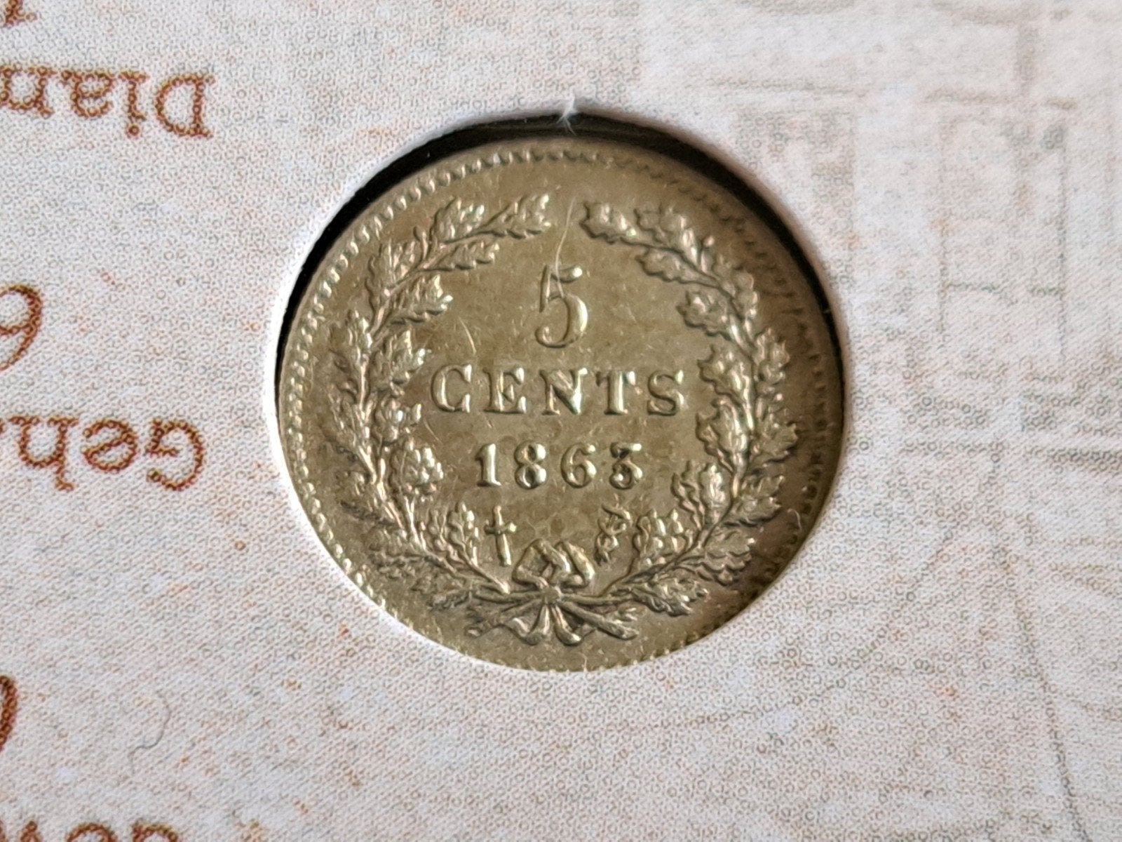 140 jaar Schulman Numismatiek coincard met 1863, Ophalen of Verzenden, Koning Willem III, 5 cent, Zilver