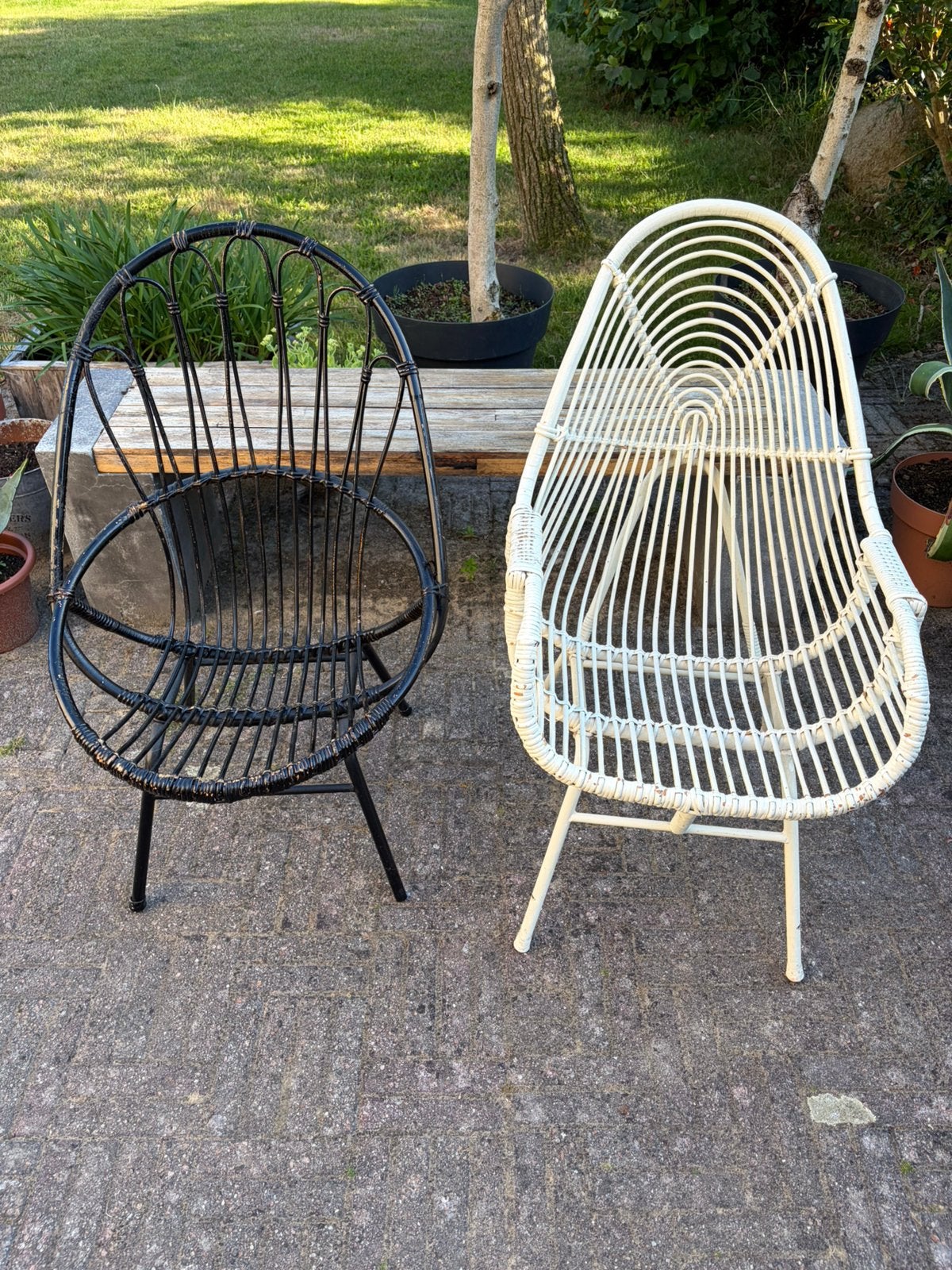 Set van 2 Vintage Rotan Kuipstoelen (o.a. Rohé Noordwolde), Huis en Inrichting, Stoelen, Ophalen of Verzenden, Gebruikt, Bruin