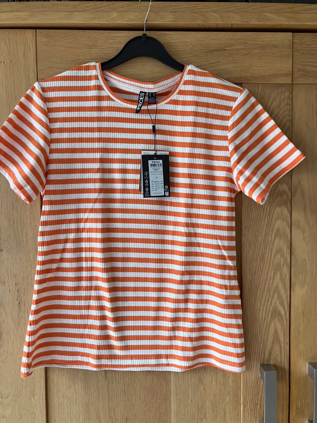 Nieuw=oranje-creme gestreept shirt top=Pieces/XL, Maat 46/48 (XL) of groter, Nieuw, Oranje, Ophalen of Verzenden