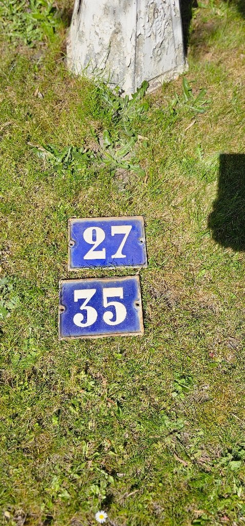 Emaille huisnummers 27 en 35 - Vintage blauw wit, Ophalen of Verzenden