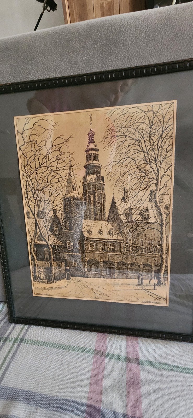 Ingelijste tekening van de stad Breda in de winter, Antiek en Kunst, Ophalen of Verzenden