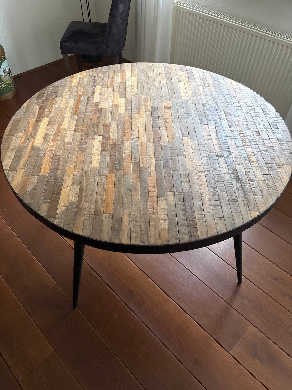 Ronde eettafel met houten blad - 118,5 cm doorsnee, Ophalen, Gebruikt, 100 tot 150 cm, Rond