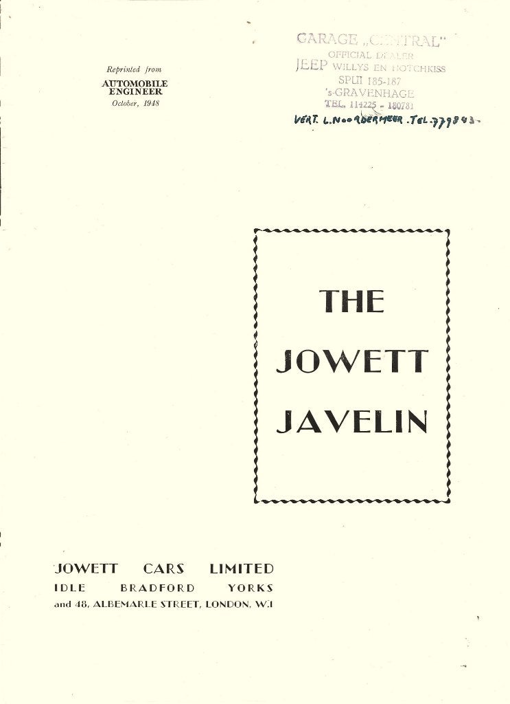 Jowett Javelin automobile engineer 1948 brochure (jv03), Verzenden, Zo goed als nieuw, Overige merken