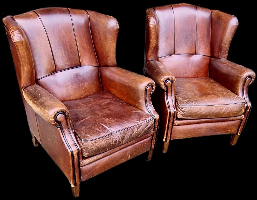 2x Schapenleren Oorfauteuil + BEZORGING GRATIS, Gebruikt, Onbekend, Ophalen of Verzenden, Klassiek, Vintage