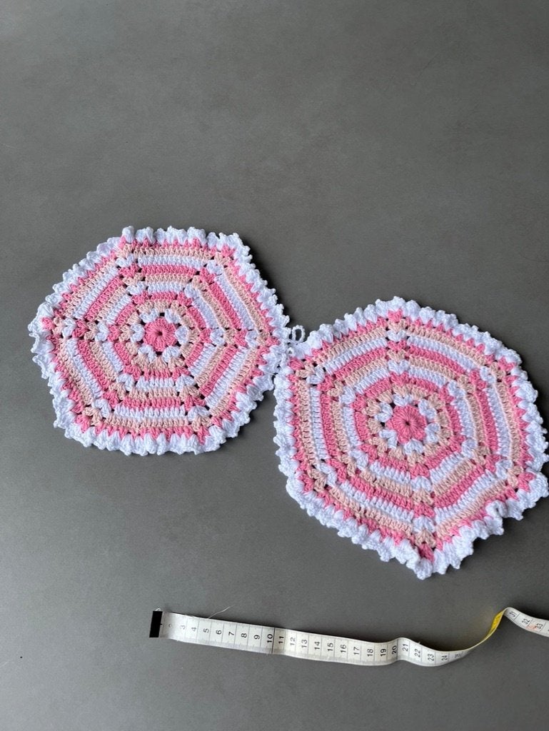 Nieuwe roze/witte dubbele gehaakte pannenlappen, Pannenlap of onderzetter, Katoen, Verzenden, Nieuw