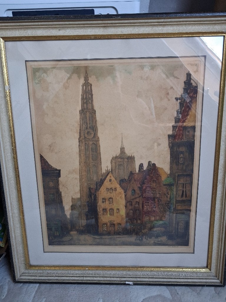 lithografie Alfred van Neste, Antiek en Kunst, Ingelijst, 1950 - 1999, 80 cm, Ophalen of Verzenden