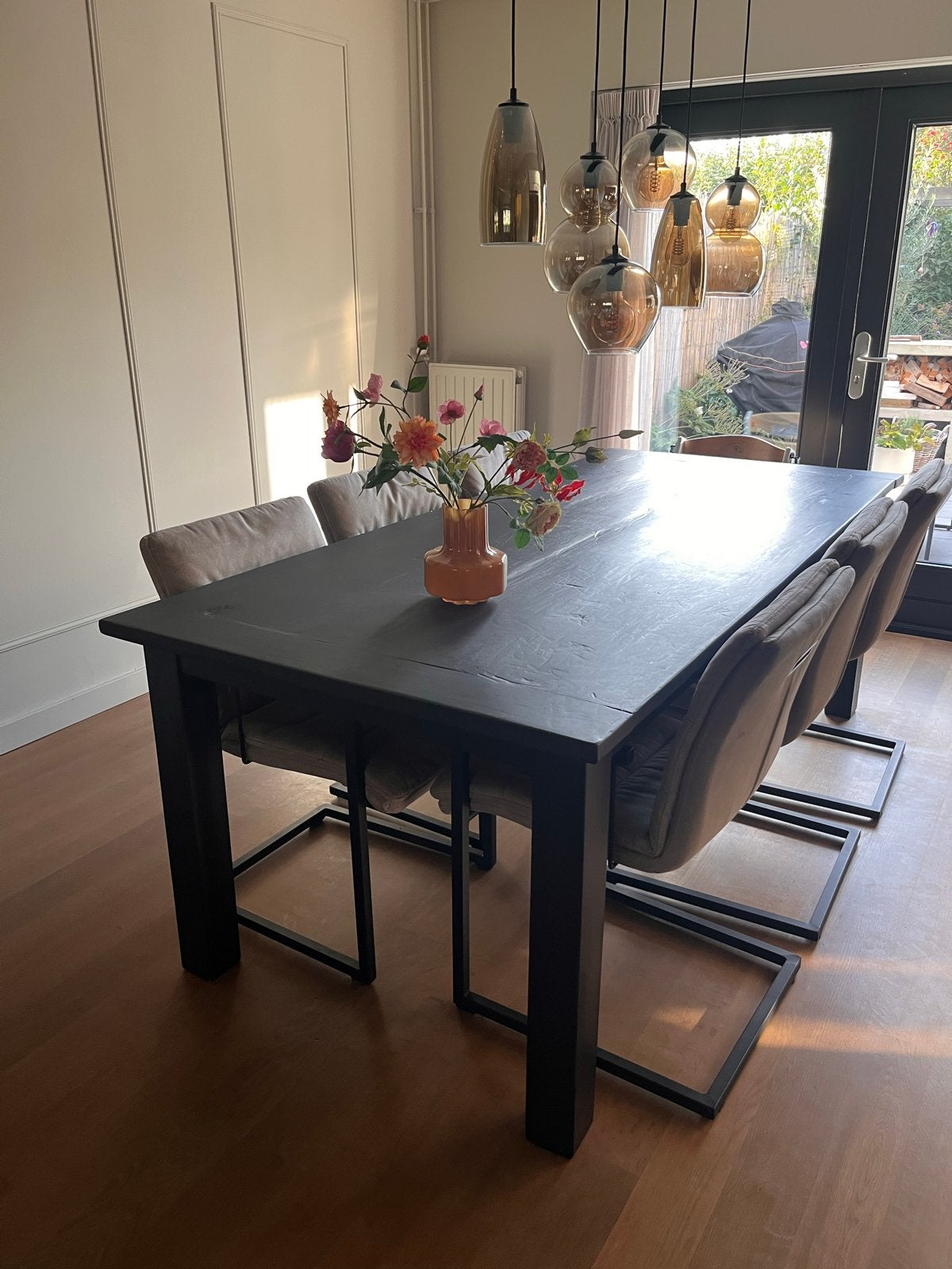 Donker geschilderde Teak eettafel - 220x100x80 cm, Huis en Inrichting, Ophalen, Gebruikt, 100 tot 150 cm, Teakhout