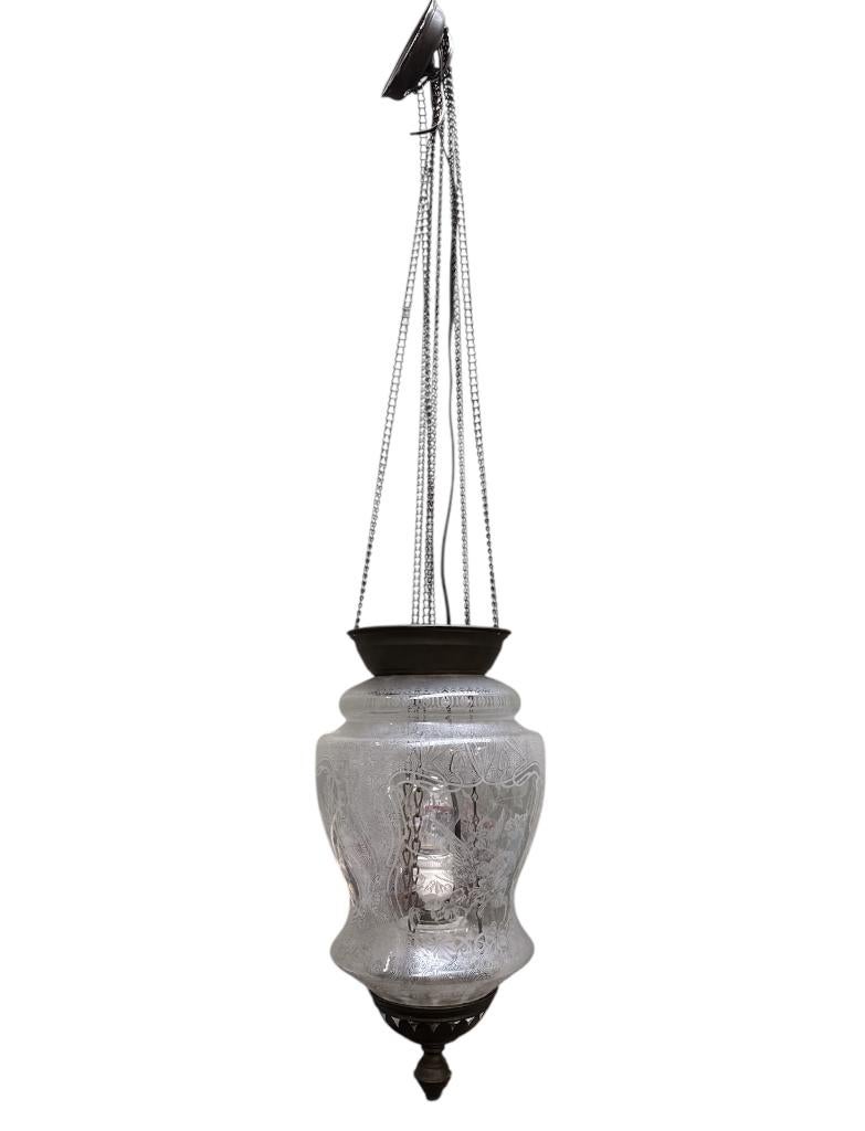 733. Art Nouveau hanglamp met mousselineglas, begin 20e eeuw, Ophalen of Verzenden