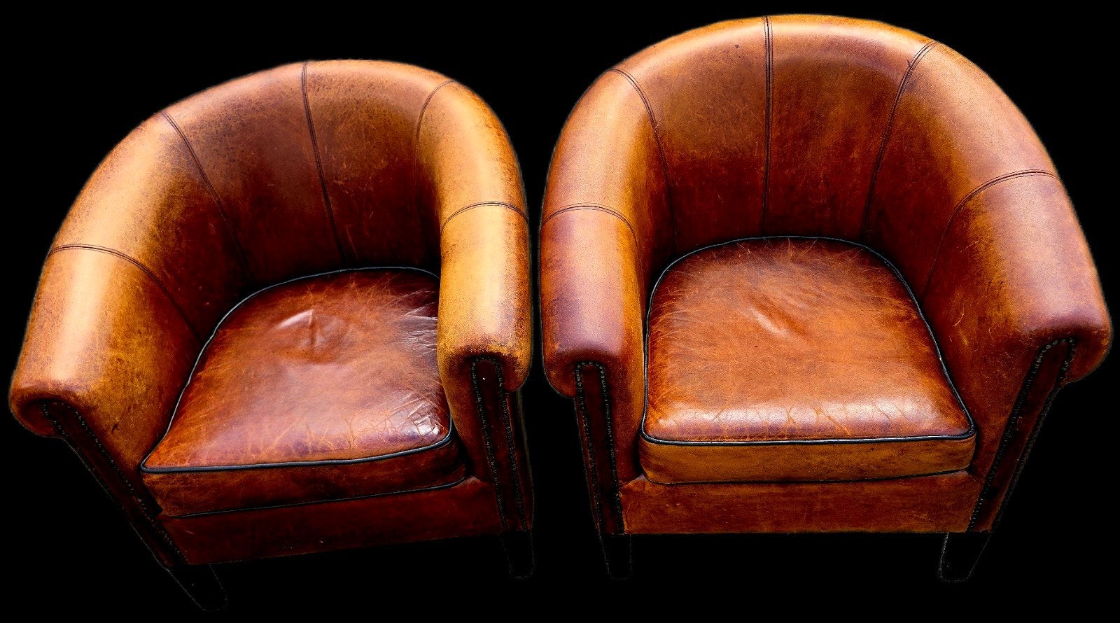 Set van 2 vintage schapenleren Clubfauteuils + BEZORGING, Antiek en Kunst, Antiek | Meubels | Stoelen en Banken, Ophalen of Verzenden