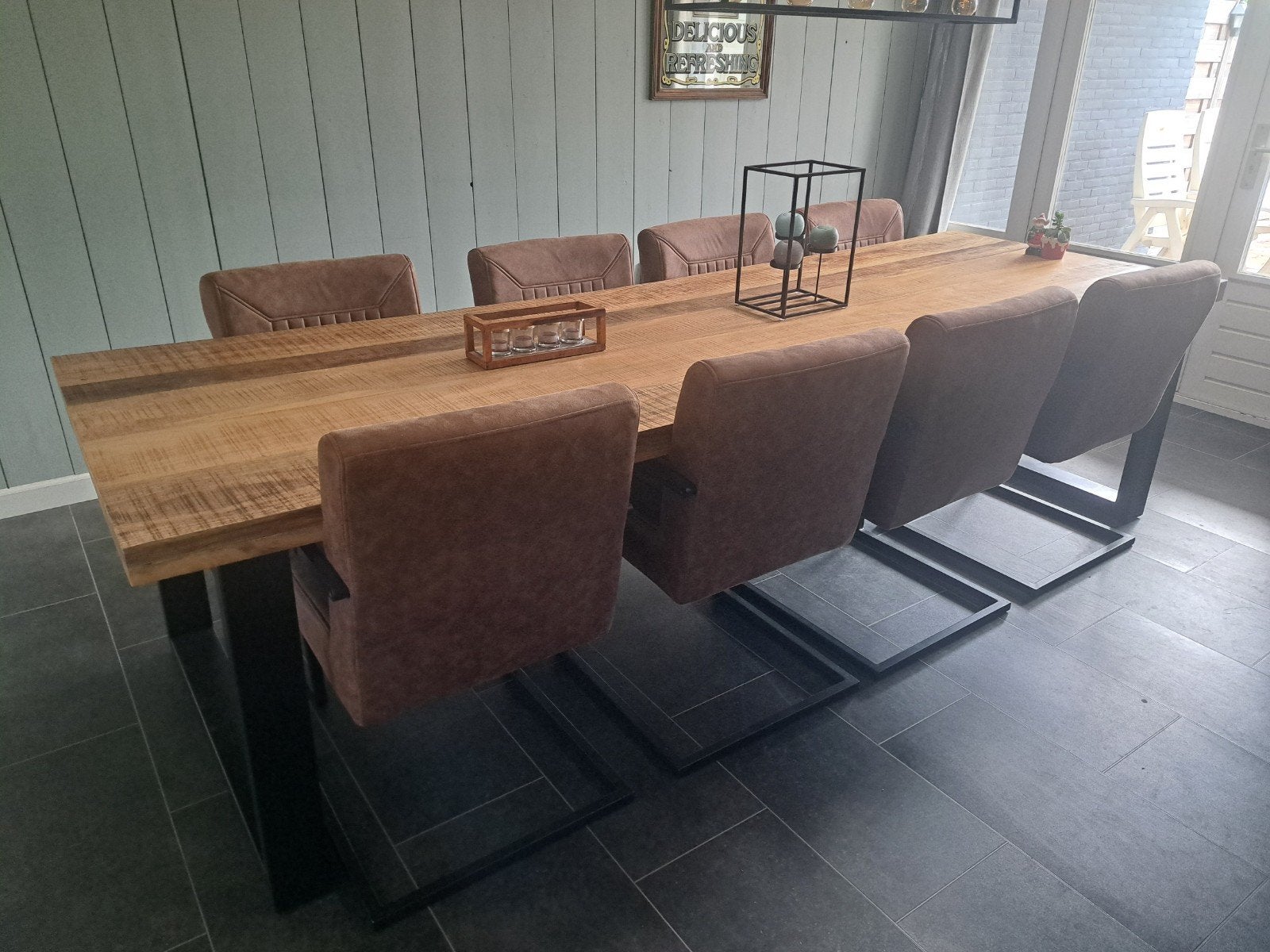 Grote mangohouten eettafel met 8 leren stoelen, Gebruikt, 100 tot 150 cm, 200 cm of meer, Vijf personen of meer