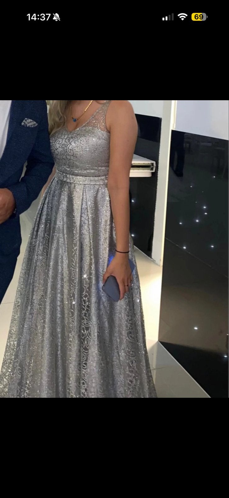 Abiye -  zilveren galajurk met glitters - Maat S, Kleding | Dames, Galajurk, Ophalen of Verzenden, Zo goed als nieuw, Maat 36 (S)