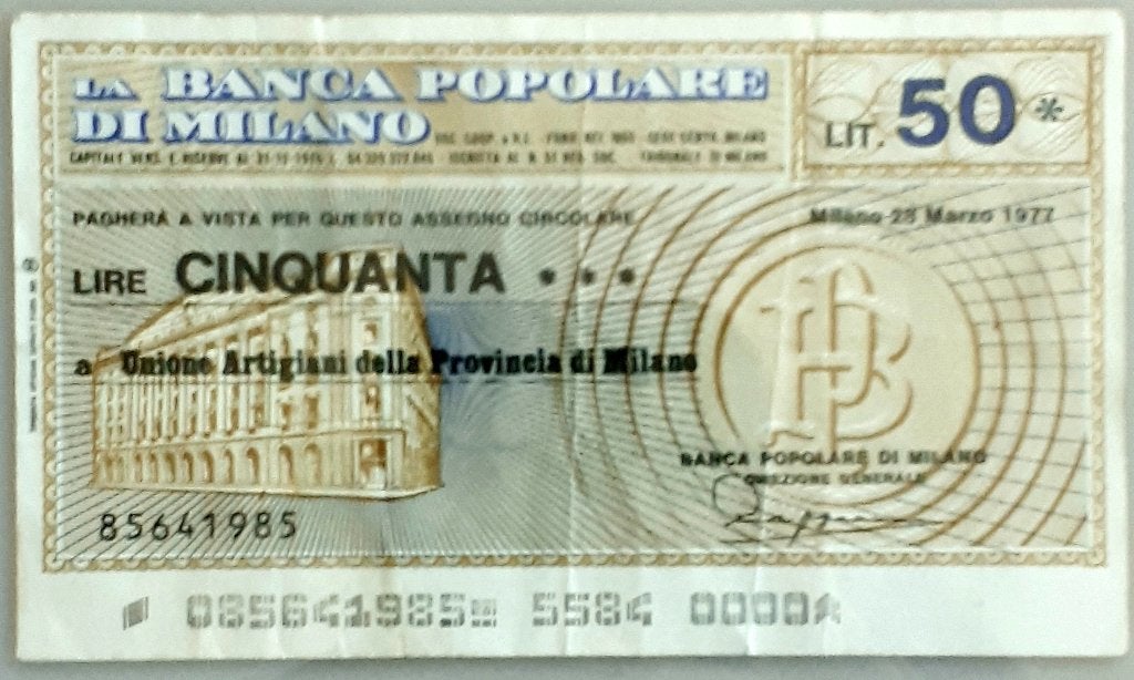 ITALIË BANCO POPULARE MILANO: BANKBILJET 50 LIRE. 28/3/1977, Ophalen of Verzenden, Italië, Los biljet