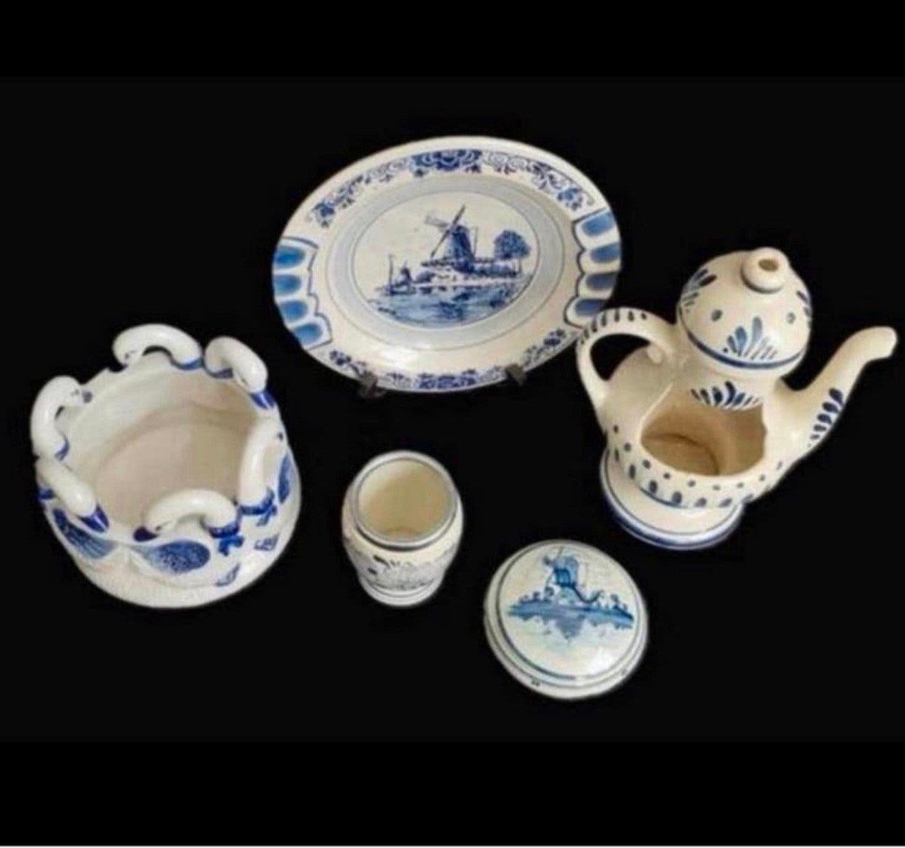 Set 1950-1960 antiek Delftsblauw servies theepot Vaas Pot, Antiek en Kunst, Ophalen of Verzenden