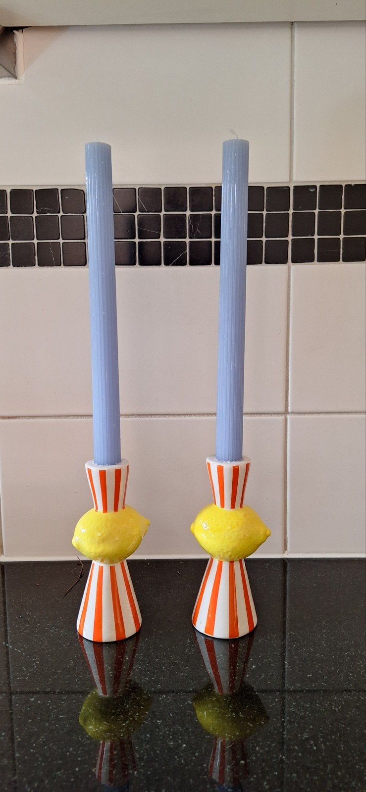 Set van 2 citroen kandelaars, Huis en Inrichting, Meerkleurig, Ophalen of Verzenden, Zo goed als nieuw, Steen/keramiek