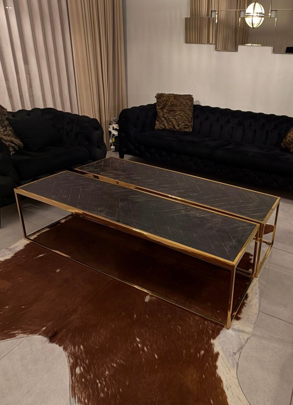 Richmond 2-delig salon tafel goud/zwart, Ophalen, Minder dan 50 cm, Nieuw, 150 tot 200 cm