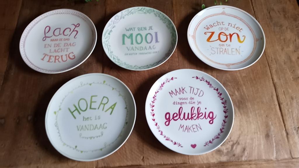 borden met vrolijke spreuken van maaslander 6x, Ophalen of Verzenden, Porselein, Overige stijlen, Bord(en)