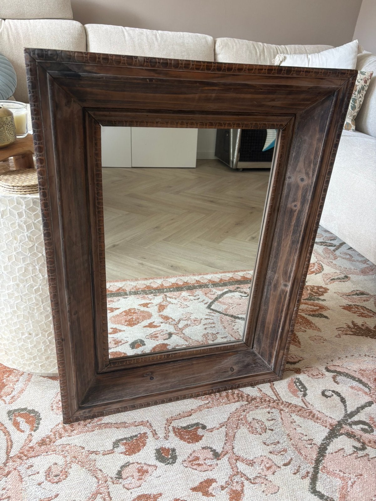 Brocante houten spiegel, Ophalen, Rechthoekig