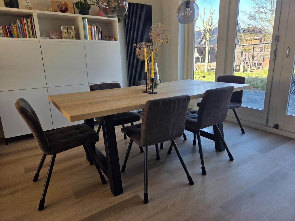 Eettafel eikenhout met 6 stoelen, Huis en Inrichting, Tafels | Eettafels, Ophalen, Eikenhout, 200 cm of meer, 50 tot 100 cm
