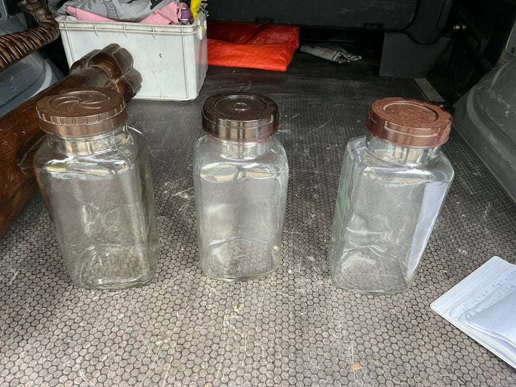 Engelse glazenvoorraadpotten met deksel. Vintage, Ophalen of Verzenden, Gebruikt, Glas