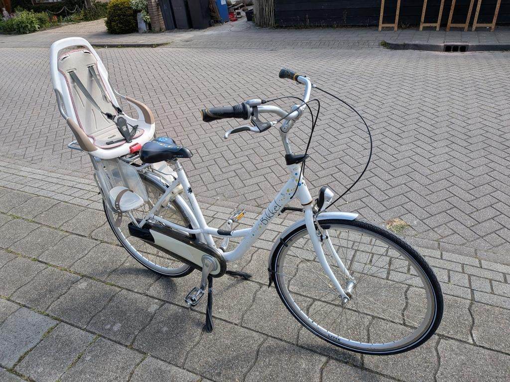 Witte Bikkel damesfiets met kinderzitje, Velgrem, 50 tot 53 cm, Ophalen, Overige merken