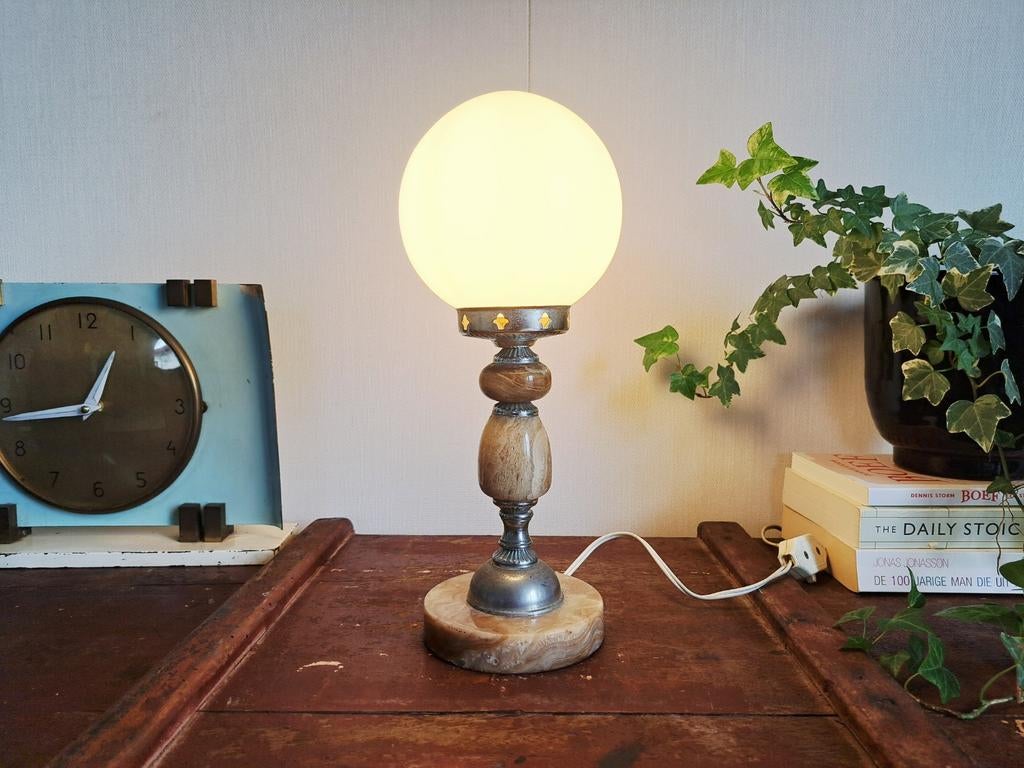 Prachtige Vintage Marmeren Tafellamp met Glazen Bol, Ophalen of Verzenden