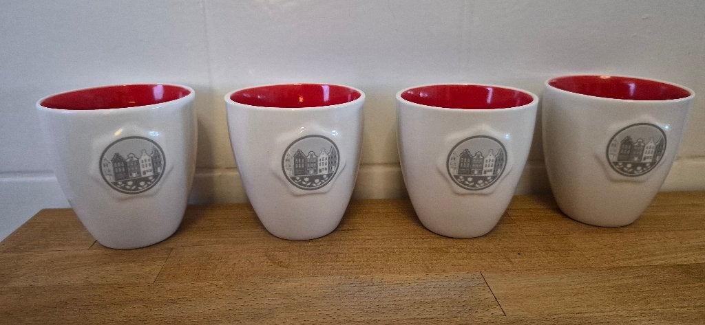 4 douwe egberts postcodeloterij geachten panden mokjes, Nieuw, Ophalen of Verzenden, Overige stijlen, Kop(pen) en/of Schotel(s)
