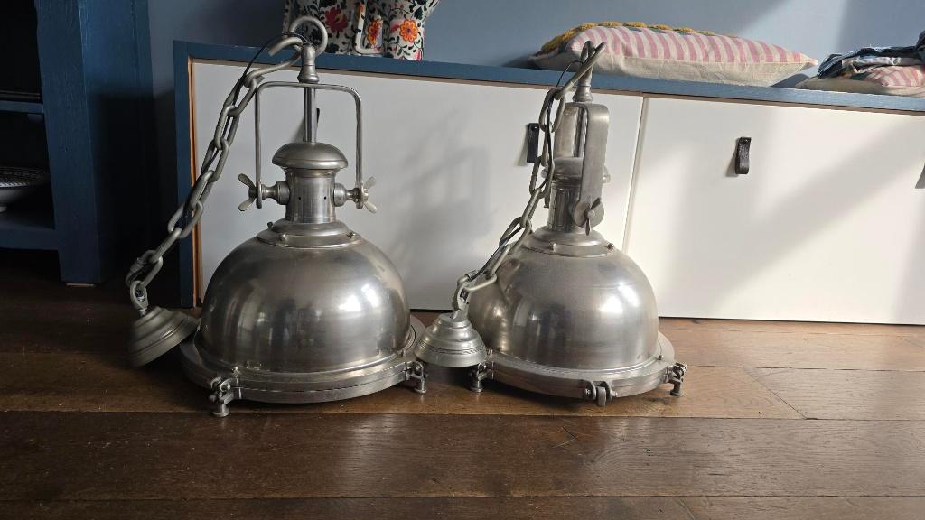 Hanglampen industrieel (2 stuks), Huis en Inrichting, Lampen | Hanglampen, Ophalen, Gebruikt, Glas, Minder dan 50 cm