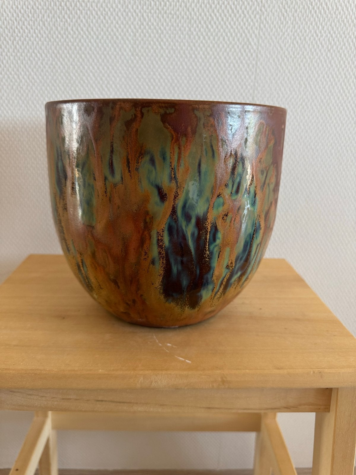 Grote plantenpot blauw/oranje D 20CM H 19,5CM, Tuin en Terras, Bloempotten, Gebruikt, Rond, Binnen, Ophalen of Verzenden