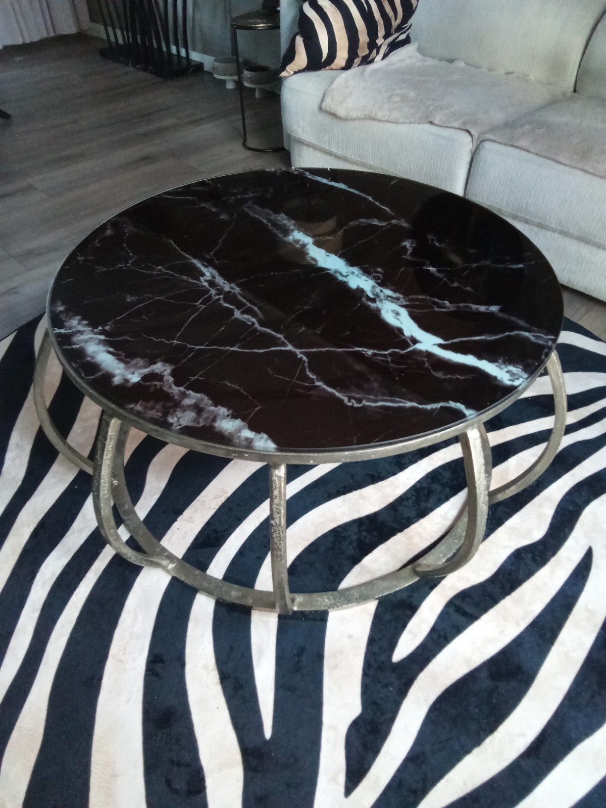 Salontafel glas met marmer patroon, rond, 91 cm, Ophalen, 50 tot 100 cm, Rond, 50 tot 100 cm