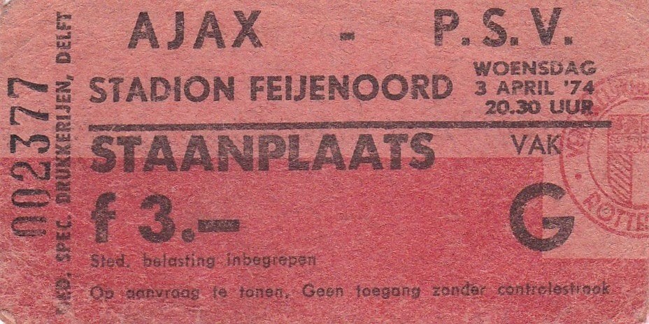 Ticket Ajax v PSV Halve Finale KNVB Beker 03-04-1974., Verzenden, Gebruikt, Ajax, Overige typen