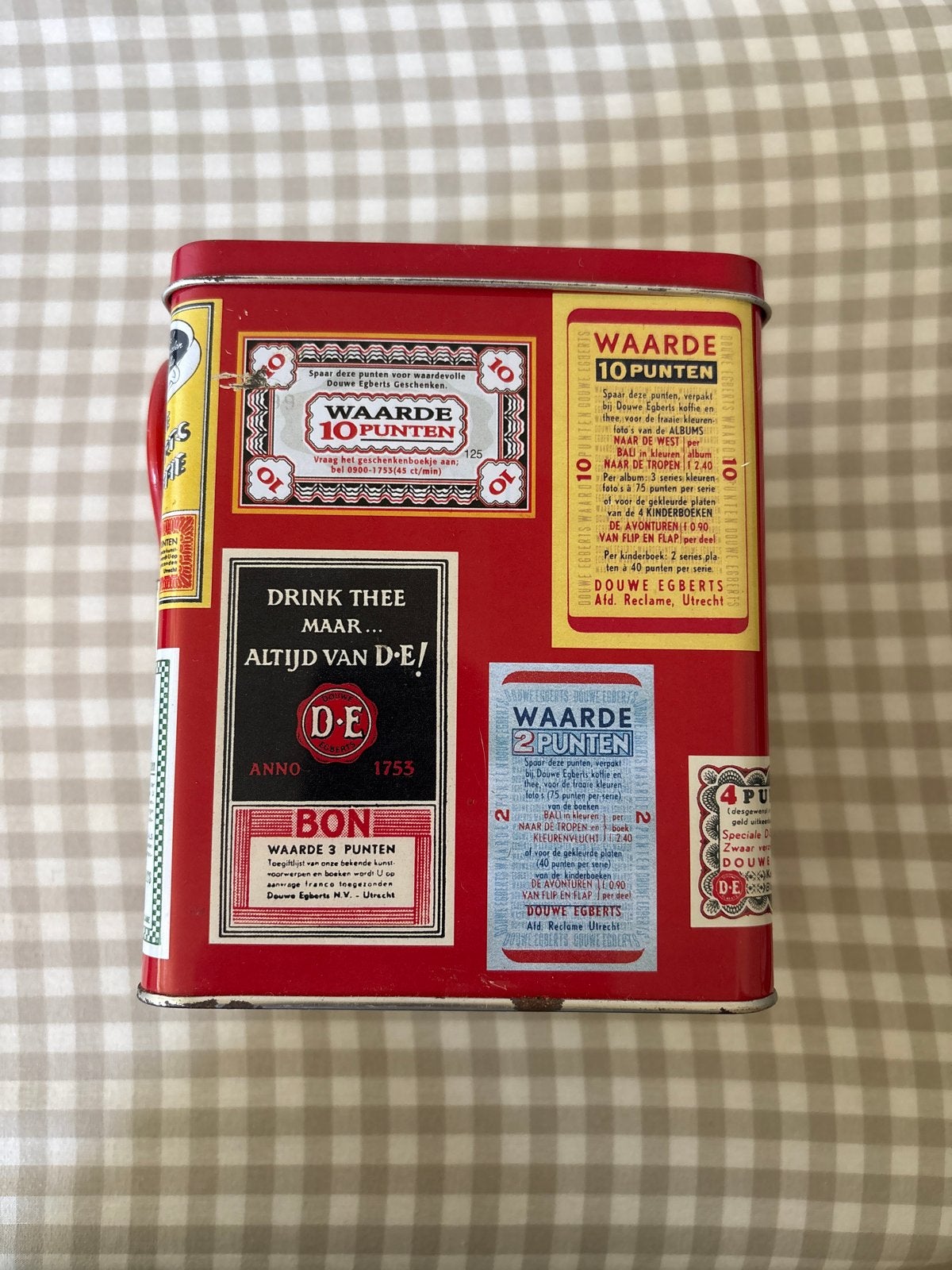 Vintage Douwe Egberts blik met schaar - Koffie/Thee, Ophalen of Verzenden, Gebruikt, Koffie, Douwe Egberts