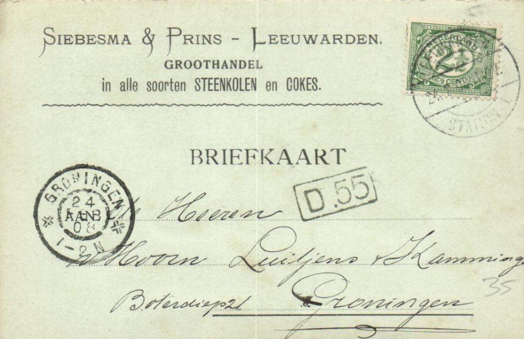 Leeuwarden - Briefkaart Siebesma & Prins - Steenkolen-1908, Verzenden, Voor 1920, Friesland