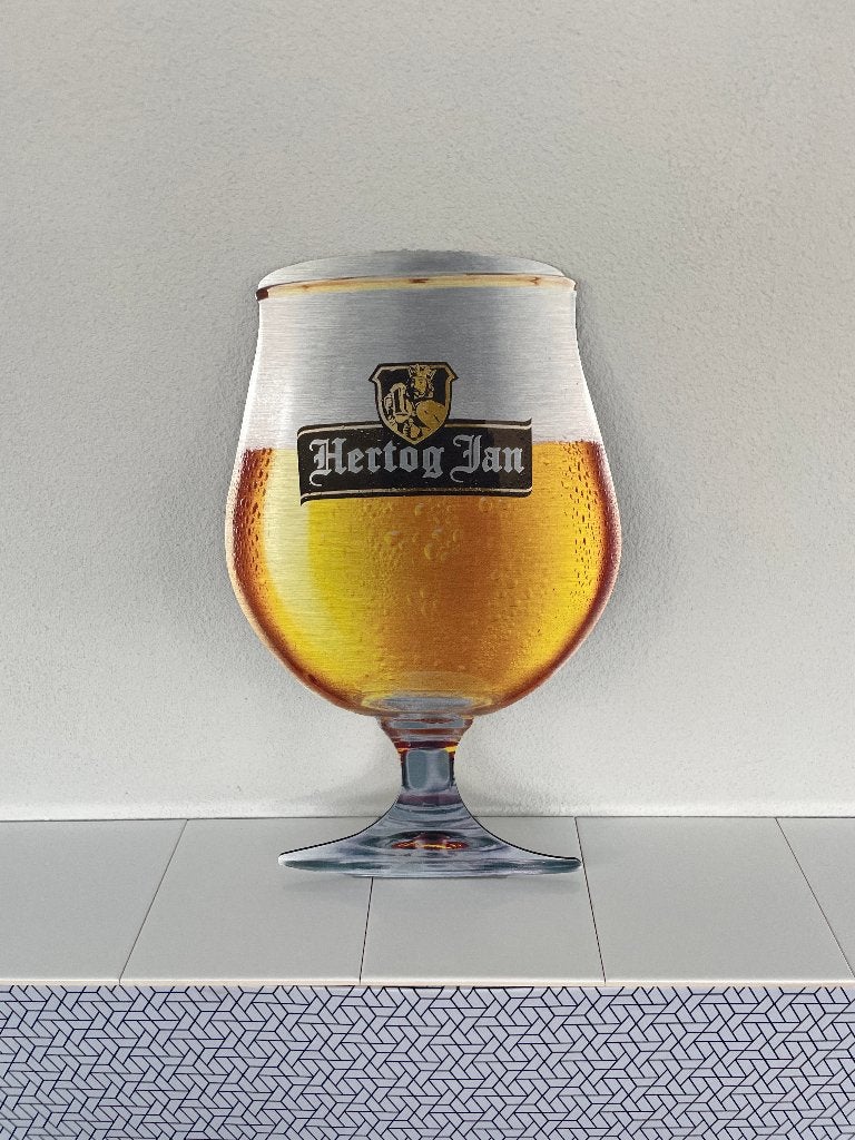 Reclamebord Hertog Jan glas groot, aluminium, 25x46 cm, Verzamelen, Ophalen of Verzenden, Nieuw, Reclamebord, Plaat of Schild