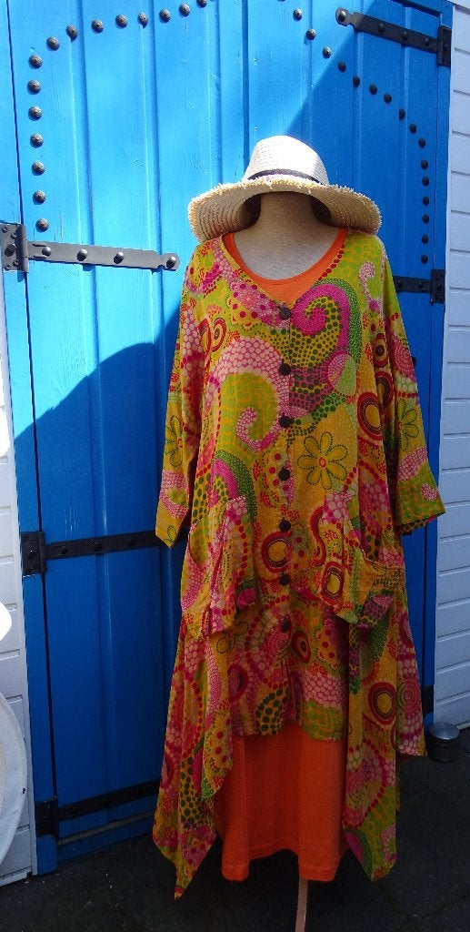 KLEURIGE BOHO ZOMERJURK MET PRINT-FUCHSIA/ORANJE-MT 44-46, Kleding | Dames, Grote Maten, Ophalen of Verzenden, Zo goed als nieuw
