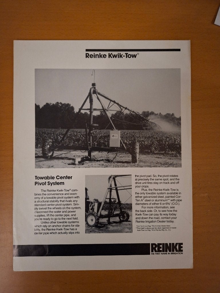 Folder Reinke Kwik-Tow beregeningsinstallaties, Verzenden, Gelezen, Tractor en Landbouw