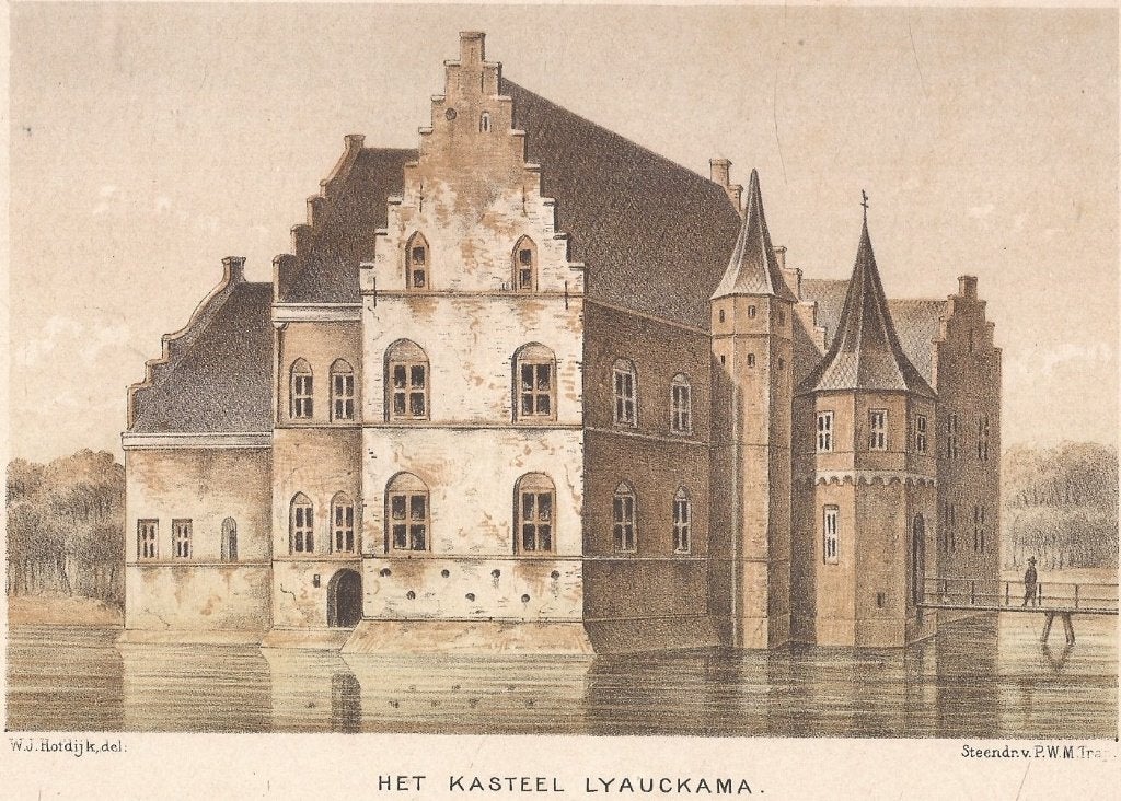 Sexbierum Het Kasteel Lyauckama Litho W.J. Hofdijk 1883, Antiek en Kunst, Kunst | Etsen en Gravures, Origineel, 1800 - 1899, Architectuur