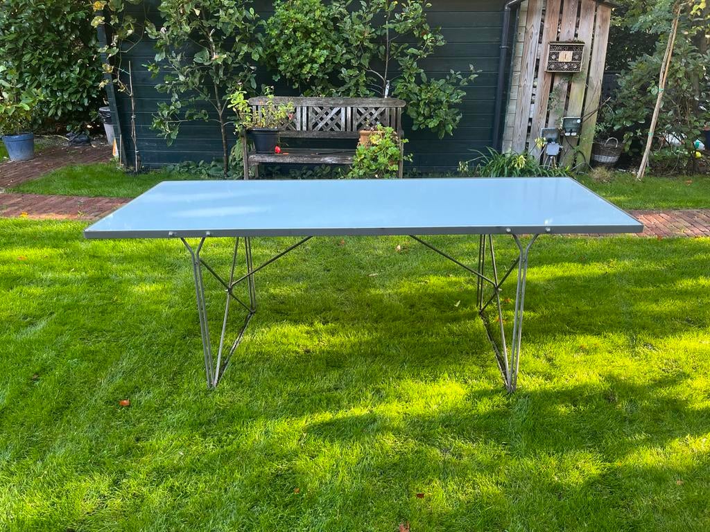 Glazen tuintafel met metalen onderstel (200x80x72cm), Ophalen, Gebruikt, Rechthoekig, Metaal