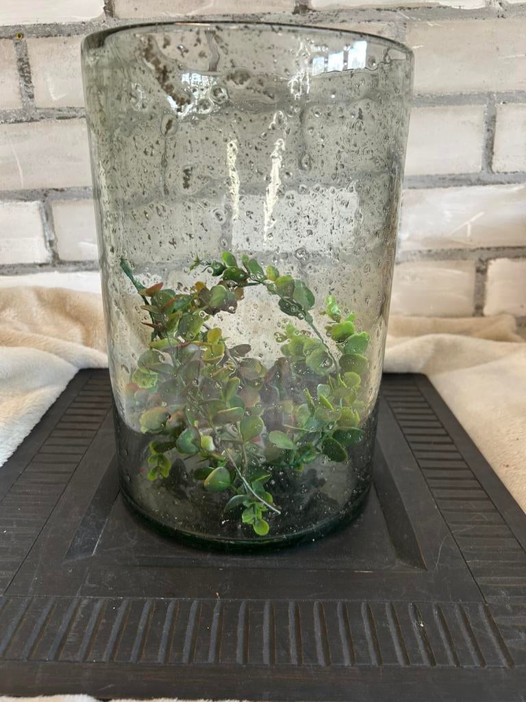 Groot windlicht stoer en sober chipies en bubbels in glas, Overige kleuren, Ophalen of Verzenden, Minder dan 50 cm, Glas