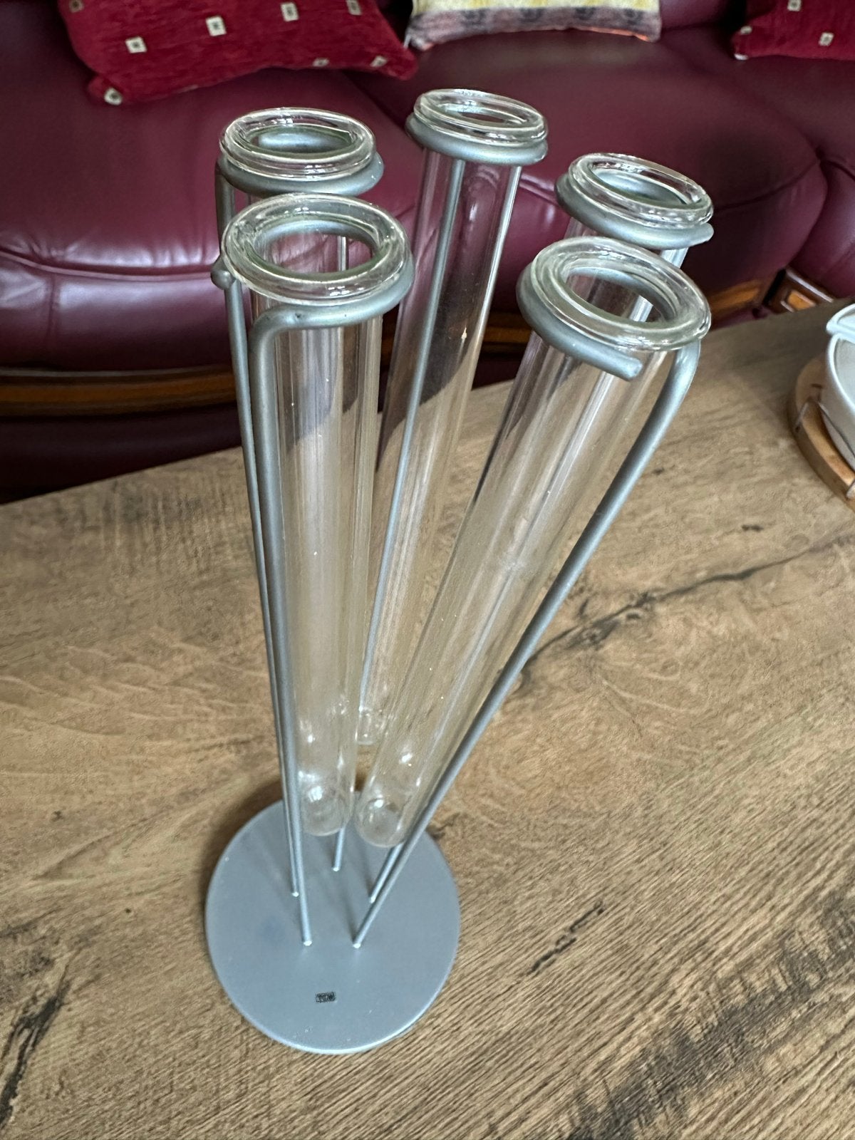 Decoratieve vazenhouder met 5 reageerbuisjes, Ophalen of Verzenden, Zo goed als nieuw, Zilver, Glas