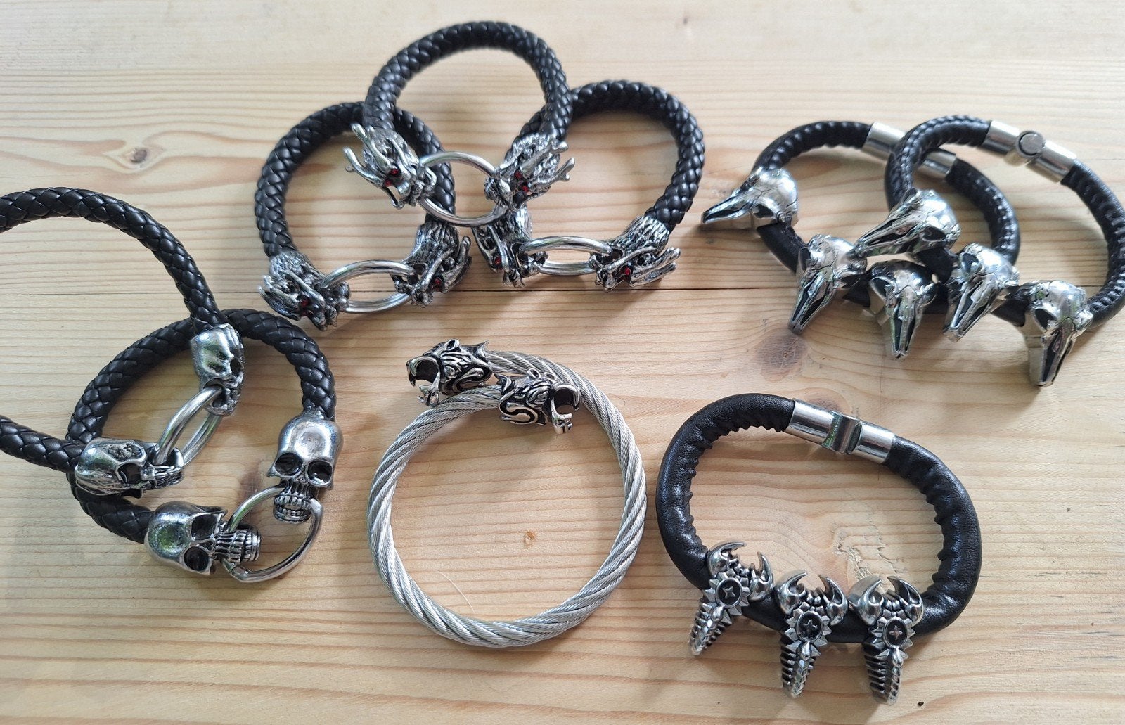 9 Nieuwe RVS Armbanden met Faux Leer - Draak, Doodshoofd, Ophalen of Verzenden, Nieuw, Overige materialen