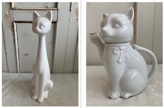Brocante wit beeldje poes & witte theepot poes / porselein, Ophalen