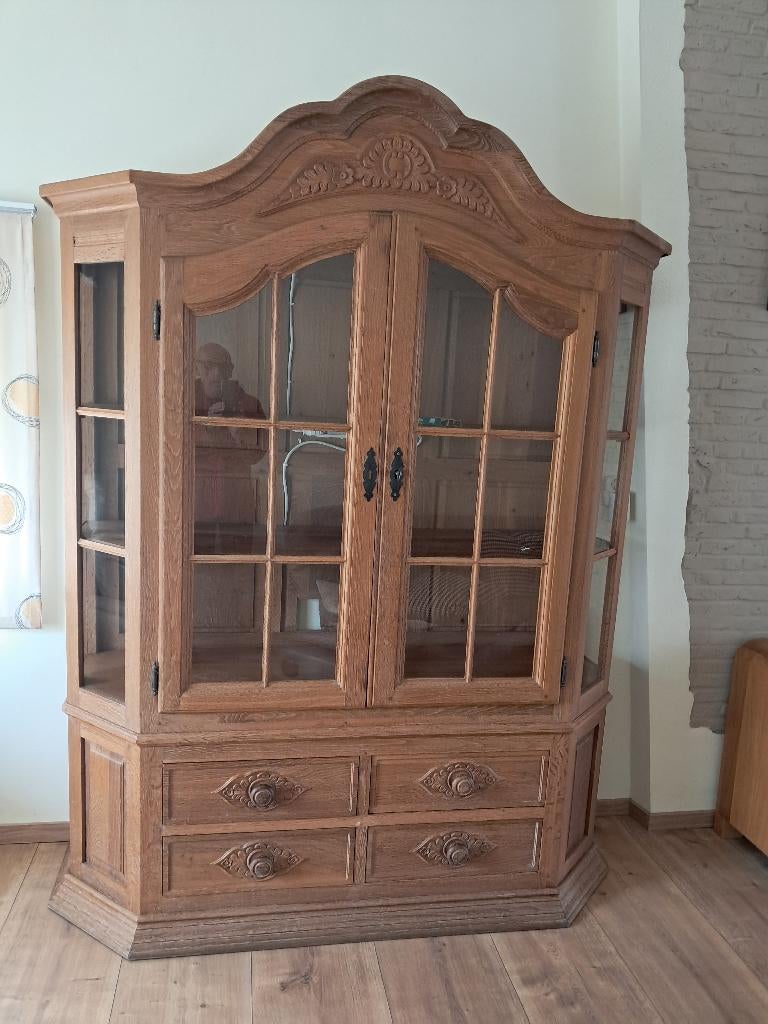Massief eiken vitrinekast, Ophalen, Glas, Met deur(en), 200 cm of meer