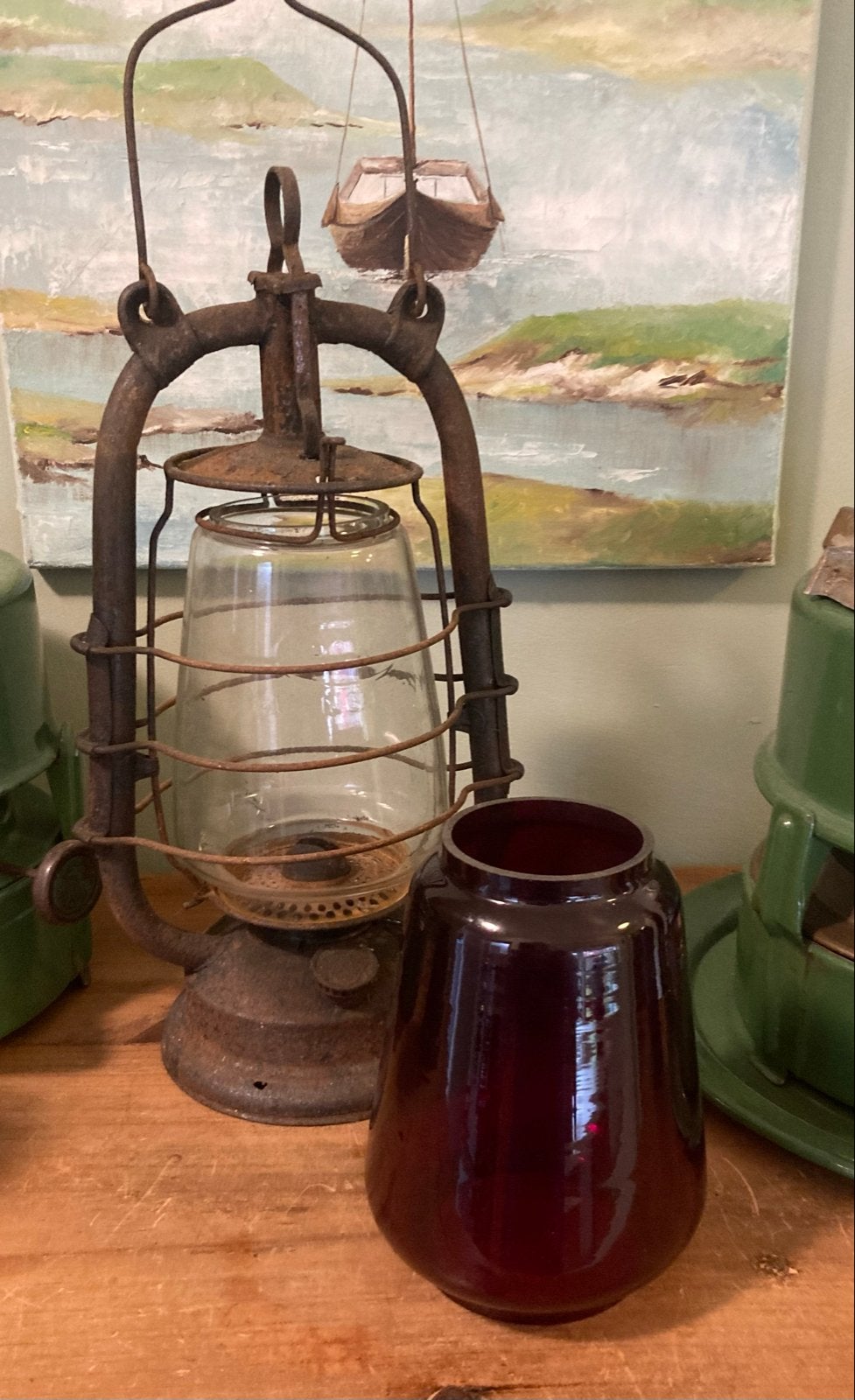 Oude olielamp met extra rood glas - Boerderij vondst, Ophalen of Verzenden