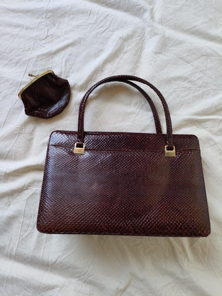 Vintage bruine handtas met portemonnee, Ophalen of Verzenden