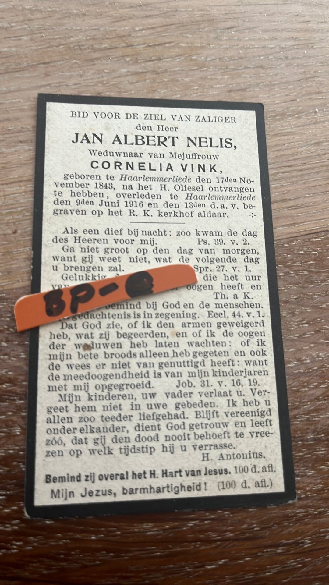 Nelis Jan 1843 Haarlemmerliede 1916 x Vink - E00370 -, Ophalen of Verzenden, Bidprentje
