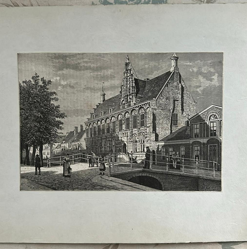 Prent van de Kanselarij te Leeuwarden, eind 19e eeuw, Antiek en Kunst, Kunst | Etsen en Gravures, Ophalen of Verzenden, Stadsgezicht