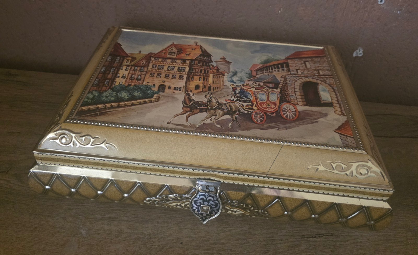Vintage sieradendoos met koetsafbeelding, Ophalen of Verzenden