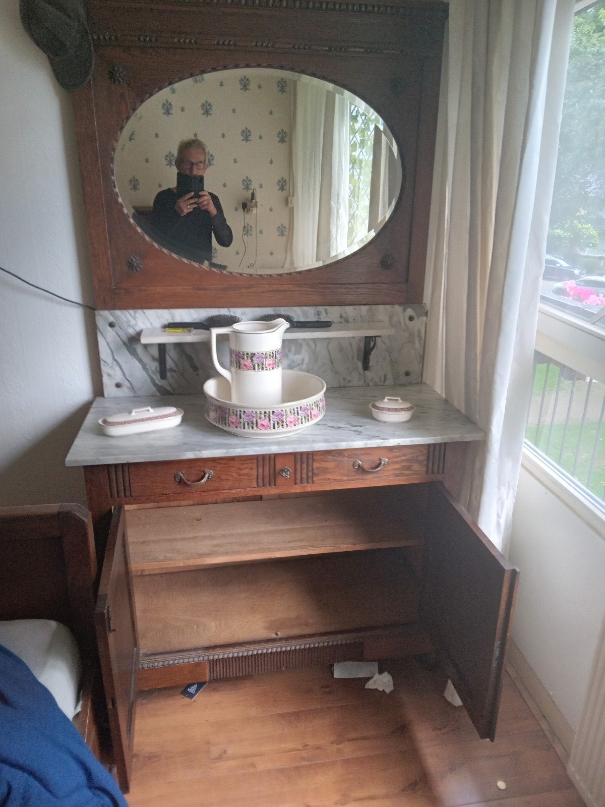 Antieke commode met spiegel en marmeren blad, Antiek en Kunst, Ophalen