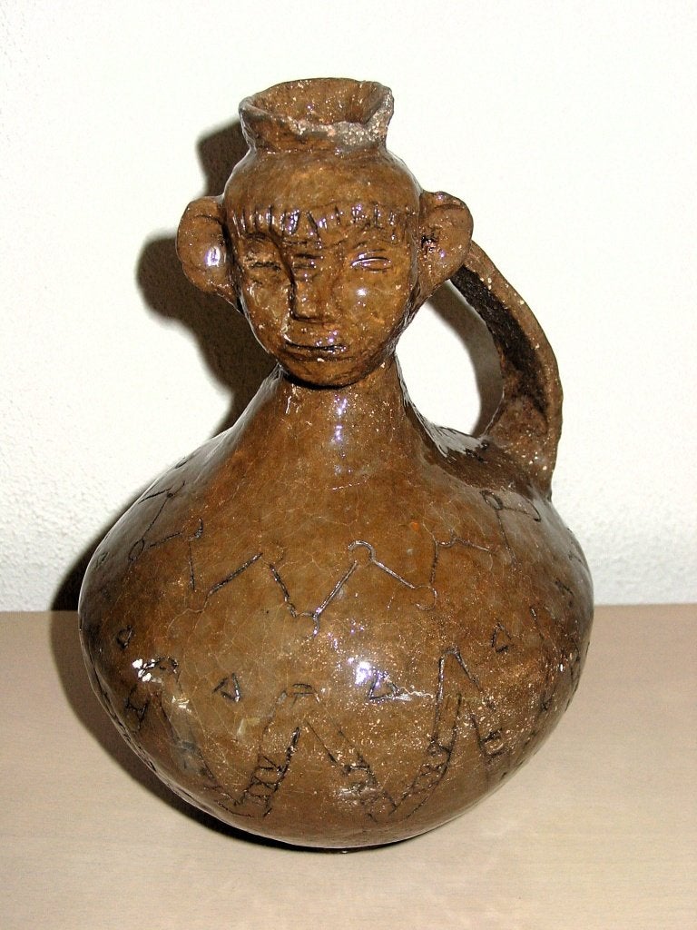 Peruaanse kruik/Face Jug, geglazuurd rood klei, handgemaakt, Antiek en Kunst, Ophalen of Verzenden